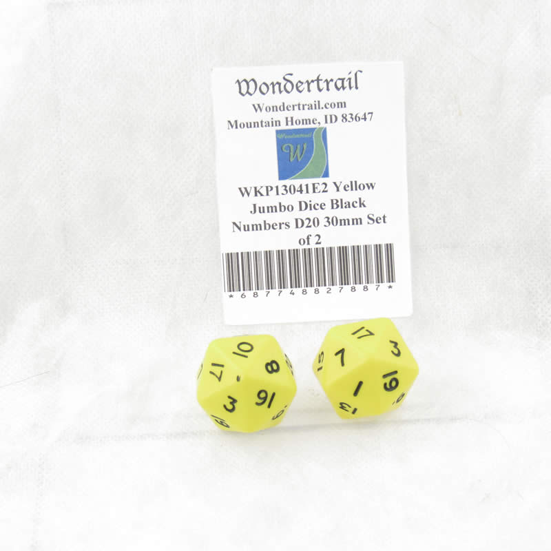 WKP13041E2 Yellow Jumbo Dice Black Numbers D20 30mm Set of 2