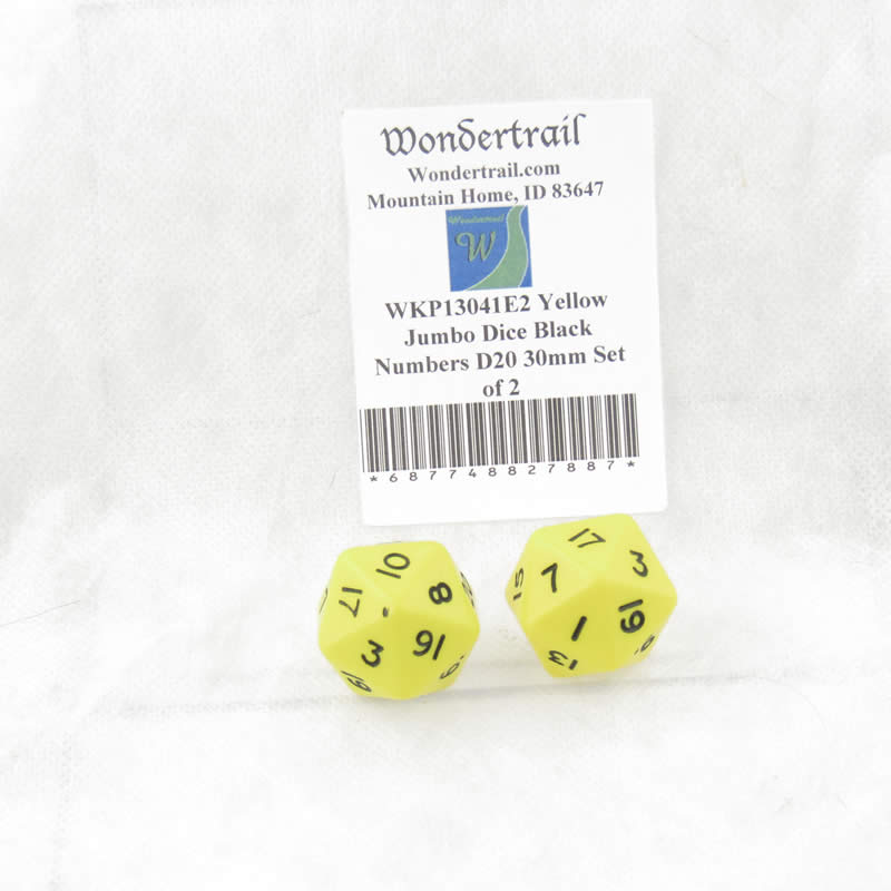 WKP13041E2 Yellow Jumbo Dice Black Numbers D20 30mm Set of 2