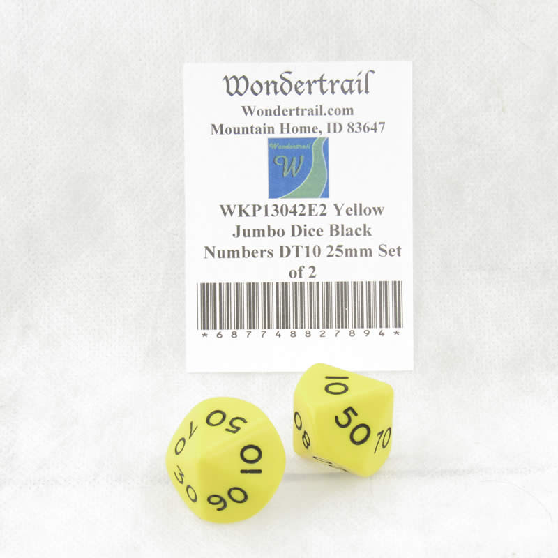 WKP13042E2 Yellow Jumbo Dice Black Numbers DT10 25mm Set of 2