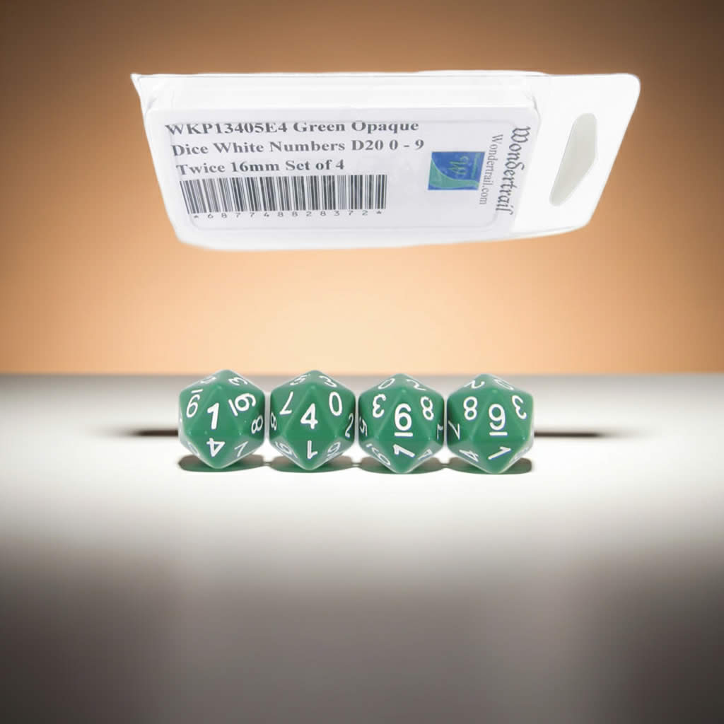 WKP13405E4 Green Opaque Dice with White Numbers D20 0 - 9 Twice 16mm (5/8in) Set of 4 Dice