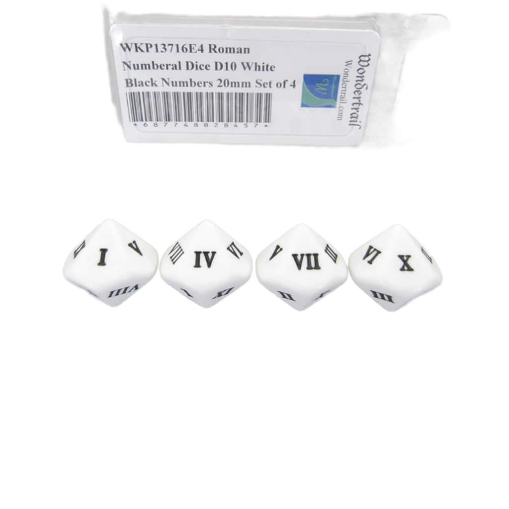 WKP13716E4 Roman Numeral Dice D10 White Black Numbers 20mm Set of 4