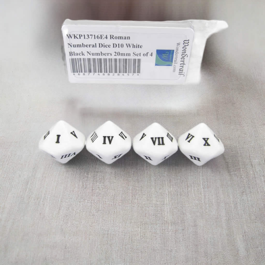 WKP13716E4 Roman Numeral Dice D10 White Black Numbers 20mm Set of 4