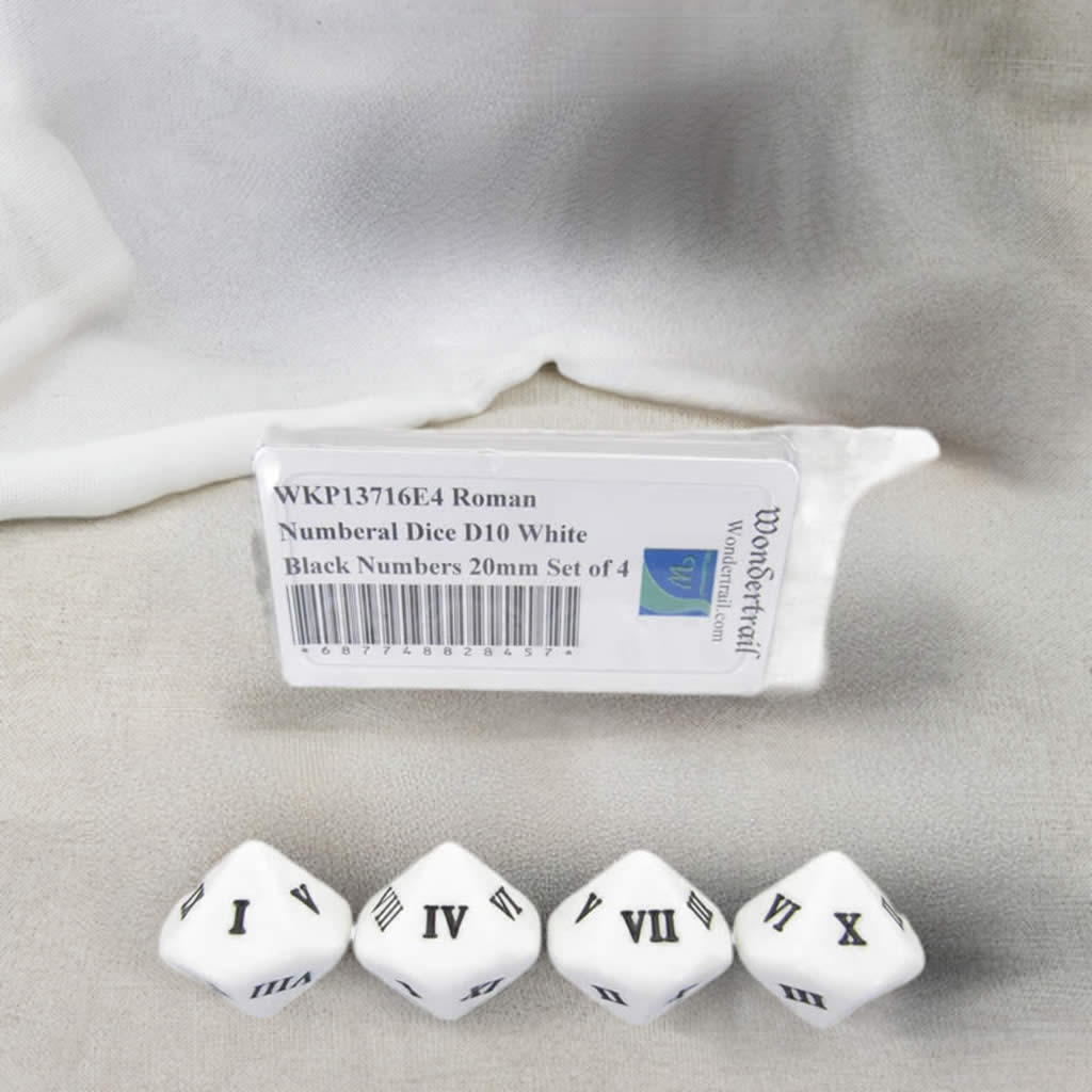 WKP13716E4 Roman Numeral Dice D10 White Black Numbers 20mm Set of 4