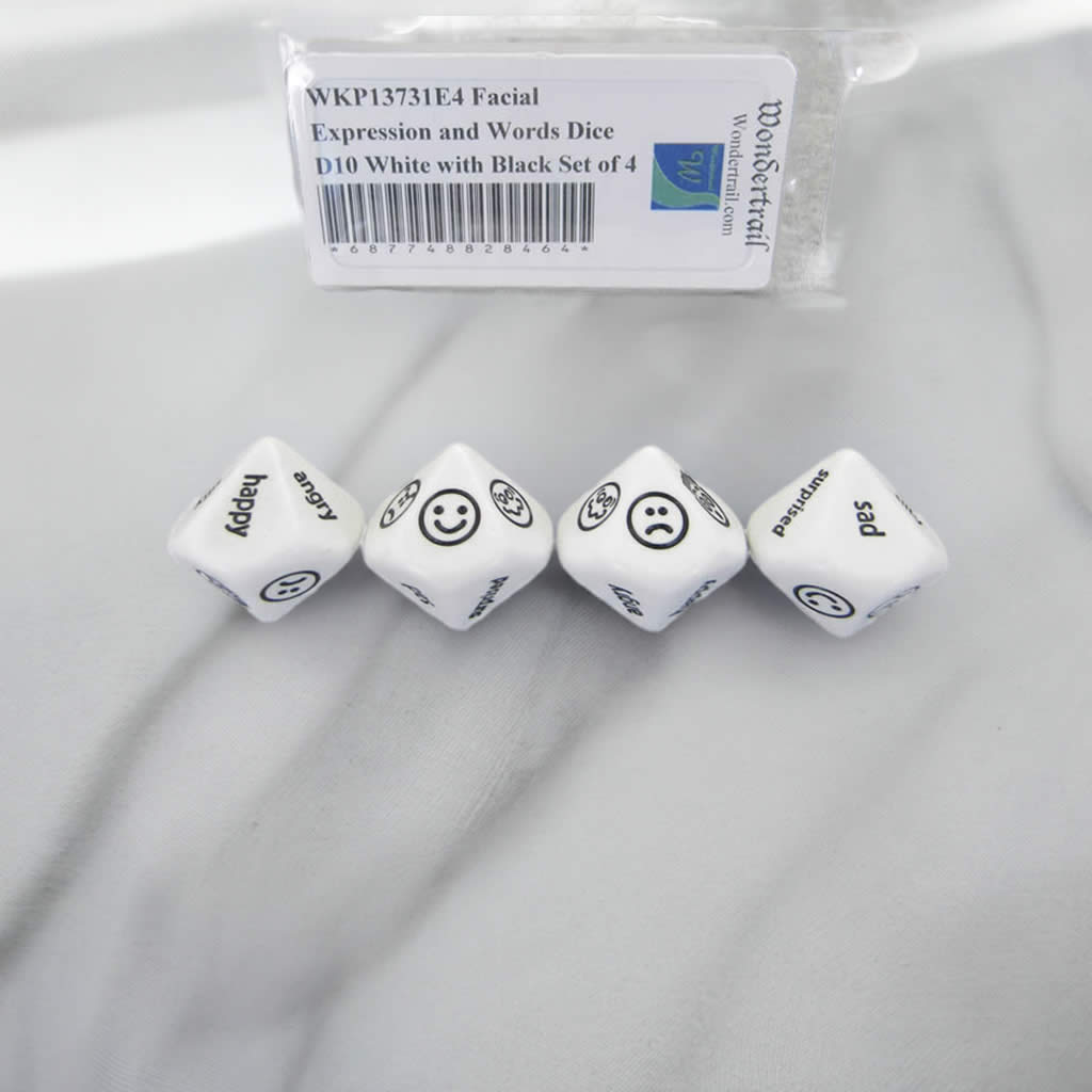 WKP13731E4 Facial Expression and Words Dice D10 White with Black Set of 4