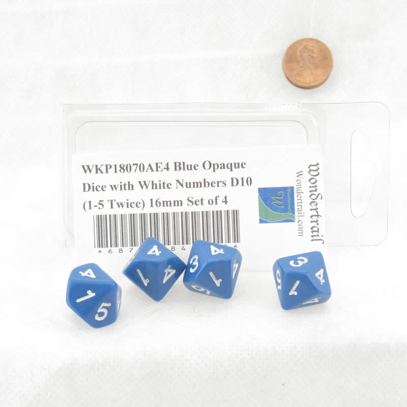 WKP18070AE4 Blue Opaque Dice with White Numbers D10 (1-5 Twice) 16mm Set of 4