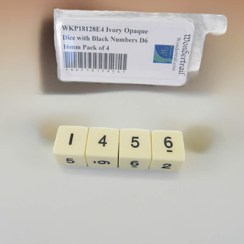 WKP18128E4 Ivory Opaque Dice with Black Numbers D6 16mm Pack of 4