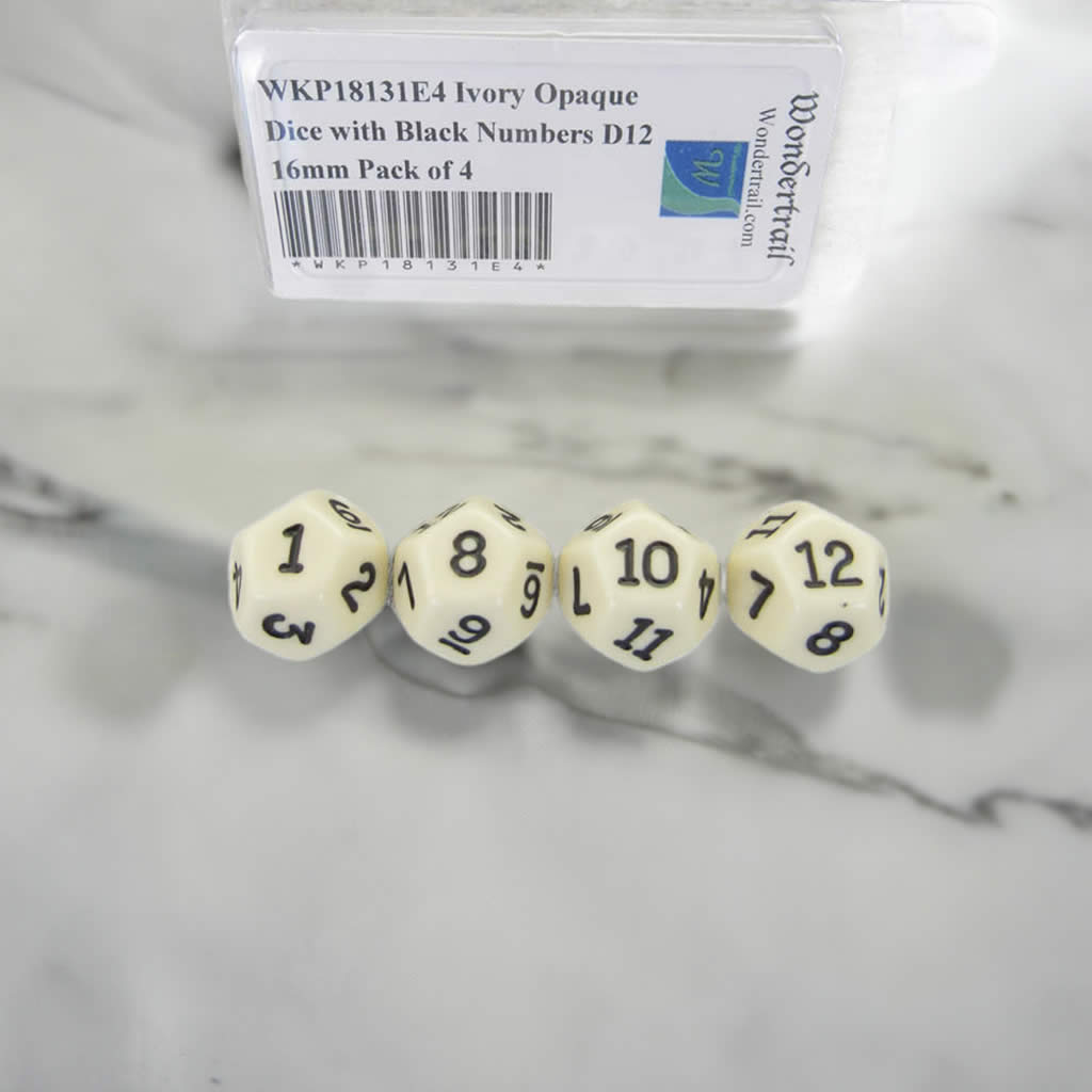 WKP18131E4 Ivory Opaque Dice with Black Numbers D12 16mm Pack of 4