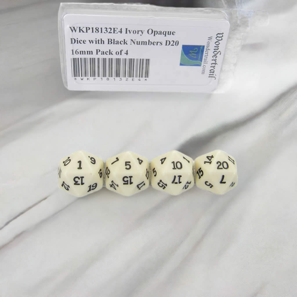 WKP18132E4 Ivory Opaque Dice with Black Numbers D20 16mm Pack of 4