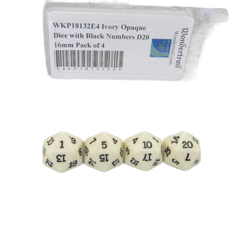 WKP18132E4 Ivory Opaque Dice with Black Numbers D20 16mm Pack of 4