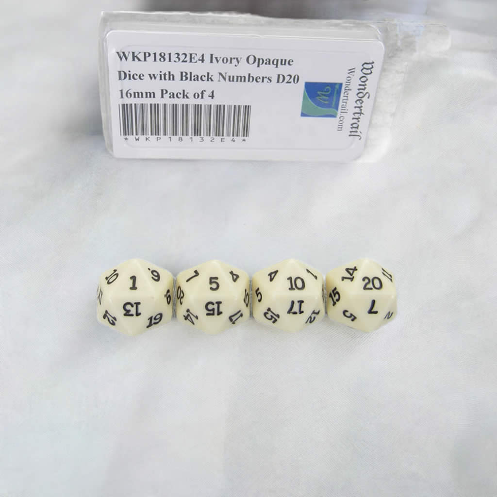 WKP18132E4 Ivory Opaque Dice with Black Numbers D20 16mm Pack of 4