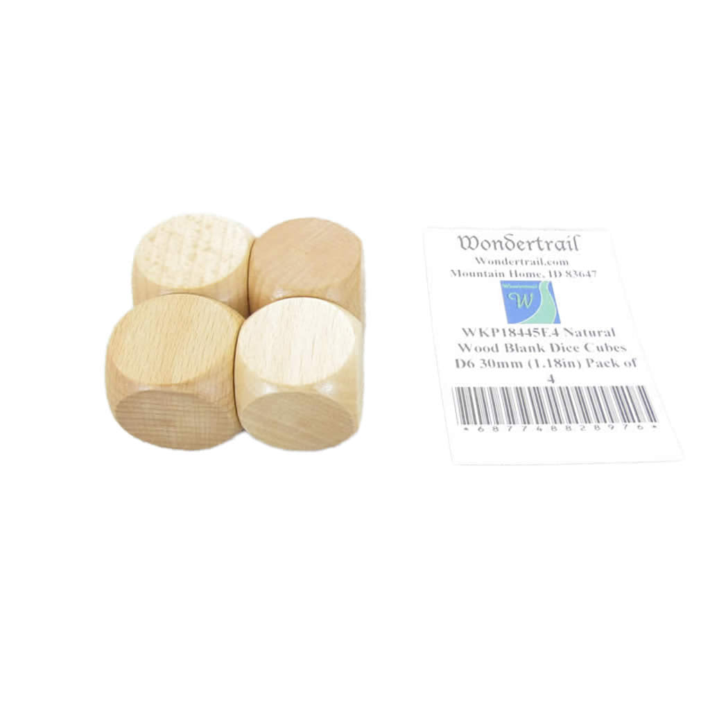 WKP18445E4 Natural Wood Blank Dice Cubes D6 30mm (1.18in) Pack of 4