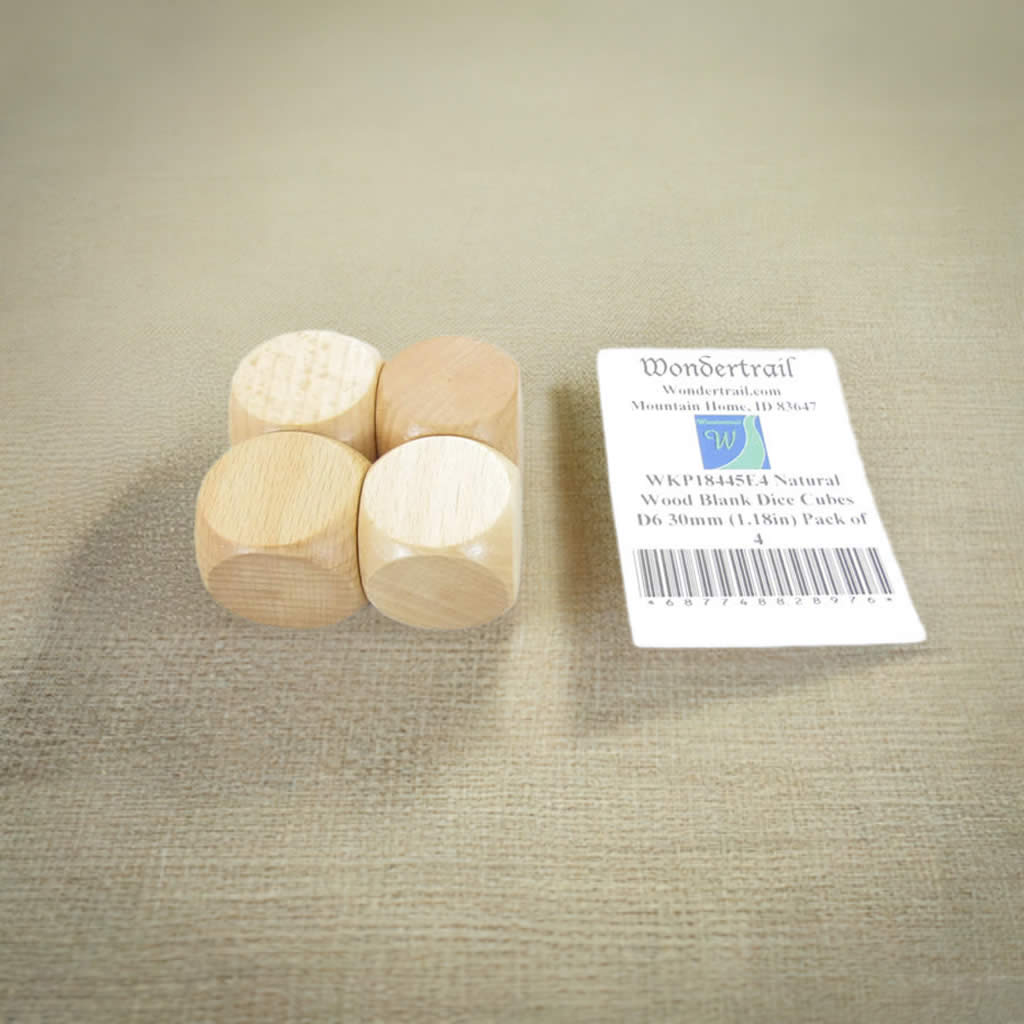 WKP18445E4 Natural Wood Blank Dice Cubes D6 30mm (1.18in) Pack of 4