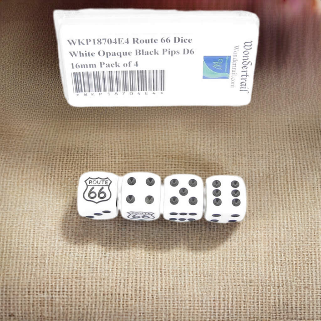 WKP18704E4 Route 66 Dice White Opaque Black Pips D6 16mm Pack of 4