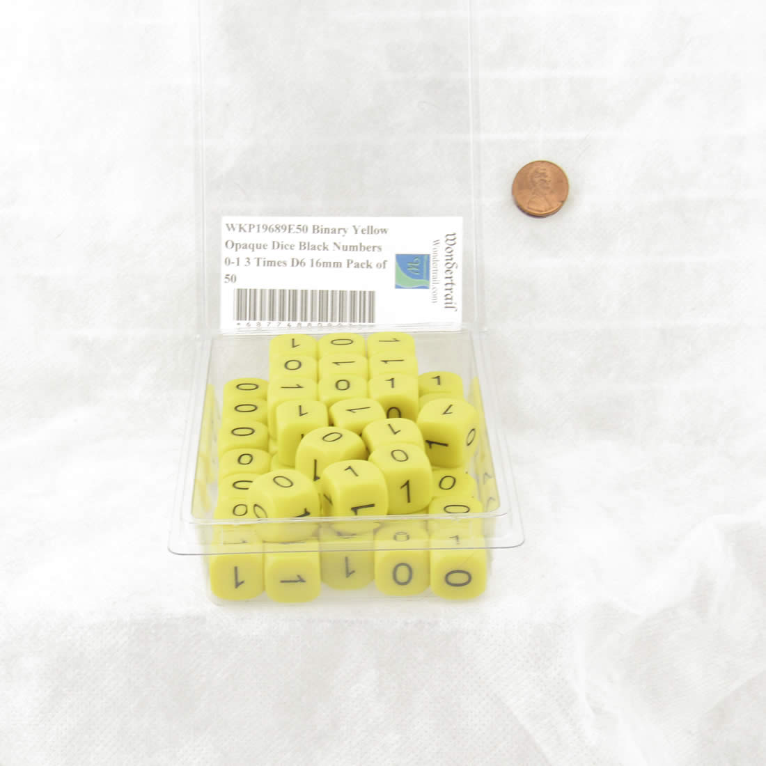 WKP19689E50 Binary Yellow Opaque Dice Black Numbers 0-1 3 Times D6 16mm Pack of 50