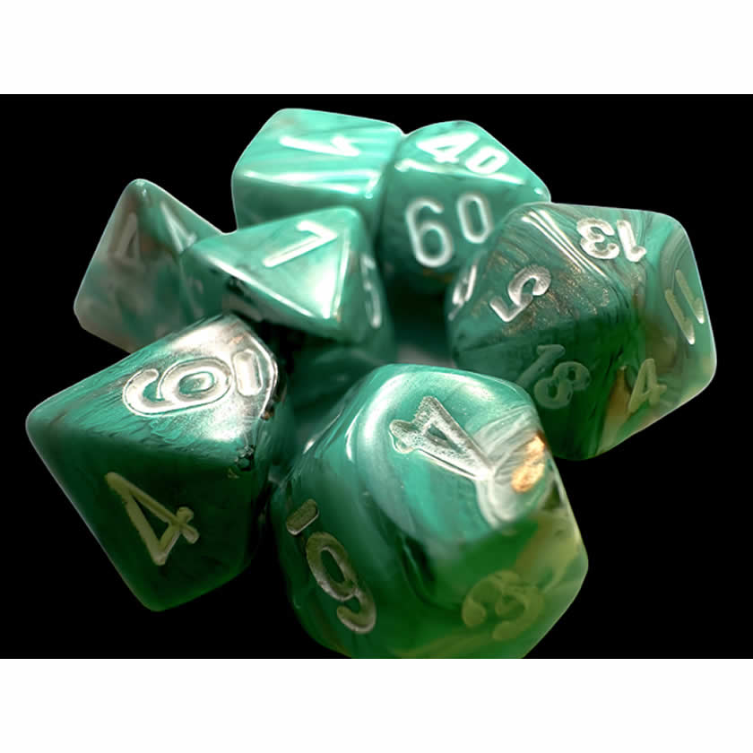 CHX20403 Oxi-Copper Marble Mini Dice with White Numbers 10mm (3/8in) Set of 7 Chessex