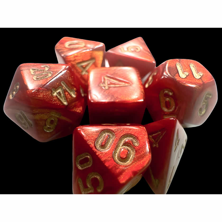 CHX20414 Scarlet Scarab Mini Dice with Gold Colored Numbers 10mm (3/8in) Set of 7