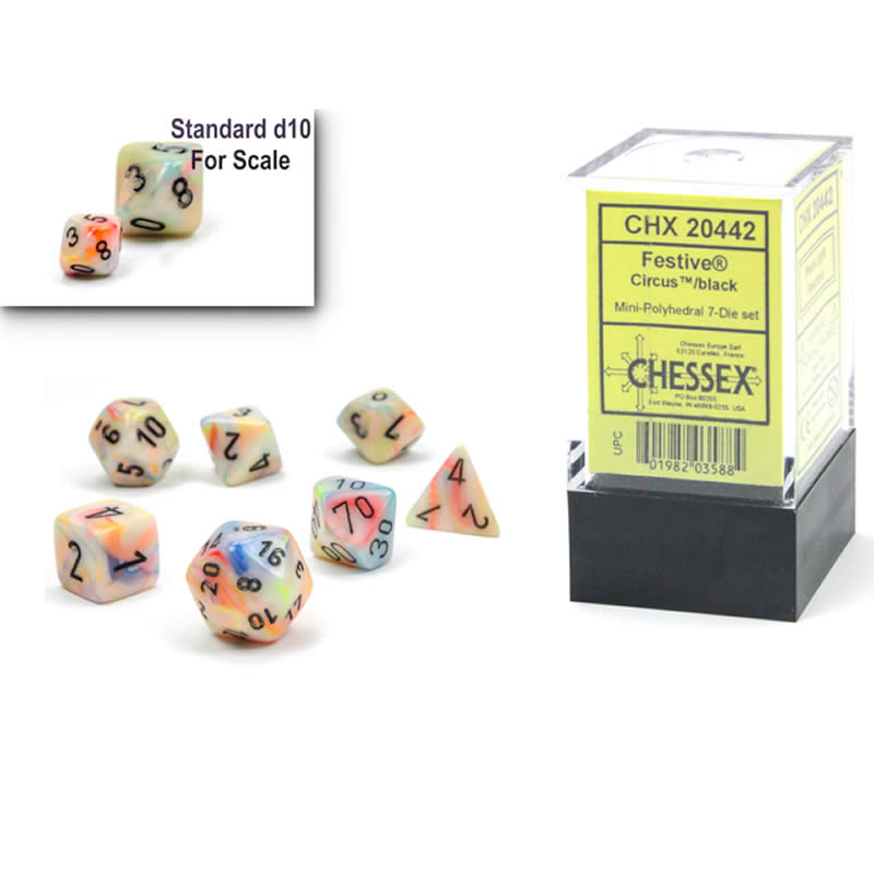 CHX20442 Circus Festive Mini Dice with Black Numbers 10mm (3/8in) Set of 7 2nd Image
