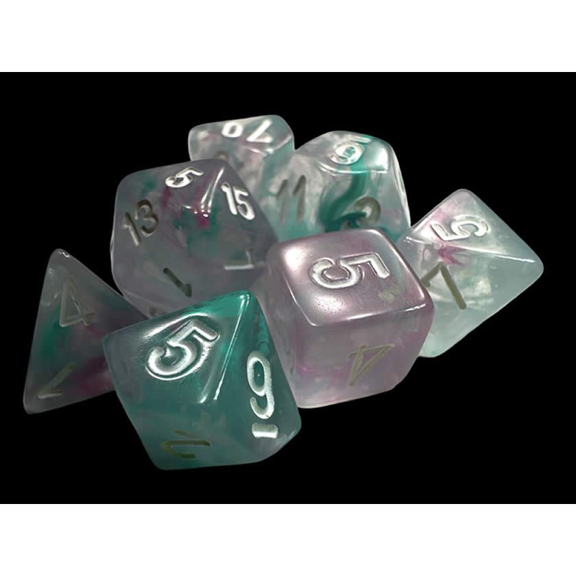 CHX20545 Wisteria Nebula Mini Dice with White Colored Numbers 10mm (3/8in) Set of 7