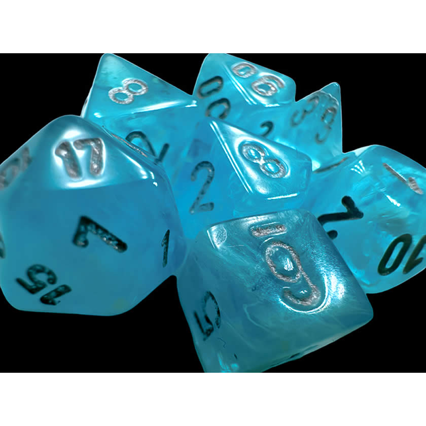 CHX20566 Sky Luminary Mini Dice with Silver Numbers 10mm (3/8in) Set of 7
