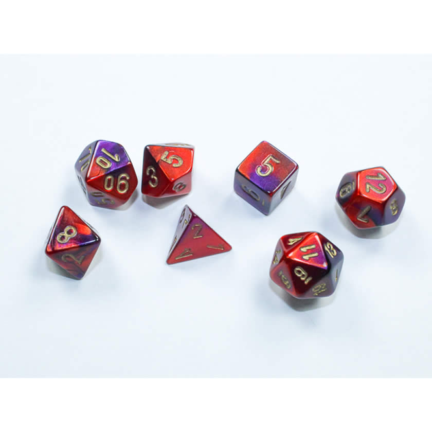 CHX20626 Purple and Red Gemini Mini Dice with Gold Colored Numbers 10mm (3/8in) Set of 7