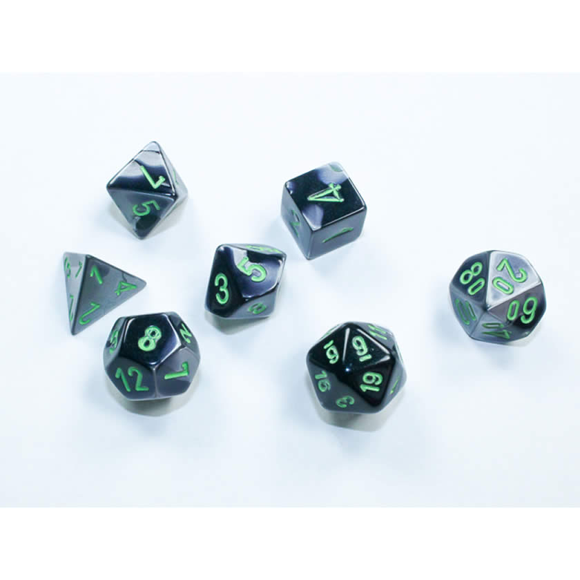 CHX20645 Black and Grey Gemini Mini Dice with Green Colored Numbers 10mm (3/8in) Set of 7