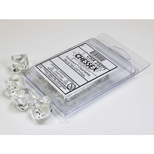 CHX23271 Clear Translucent Dice White Numbers D10 Aprox 16mm Set of 10 Main Image