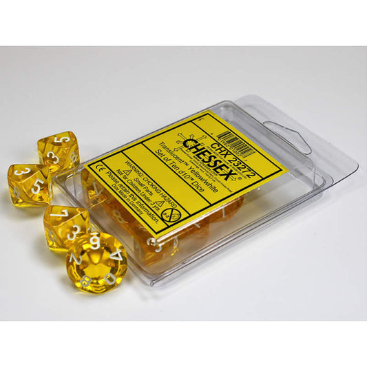 CHX23272 Yellow Translucent Dice White Numbers D10 Aprox 16mm Set of 10 Main Image