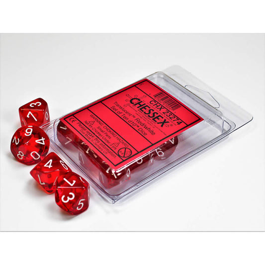 CHX23274 Red Translucent Dice White Numbers D10 16mm (5/8in) Set of 10 Main Image