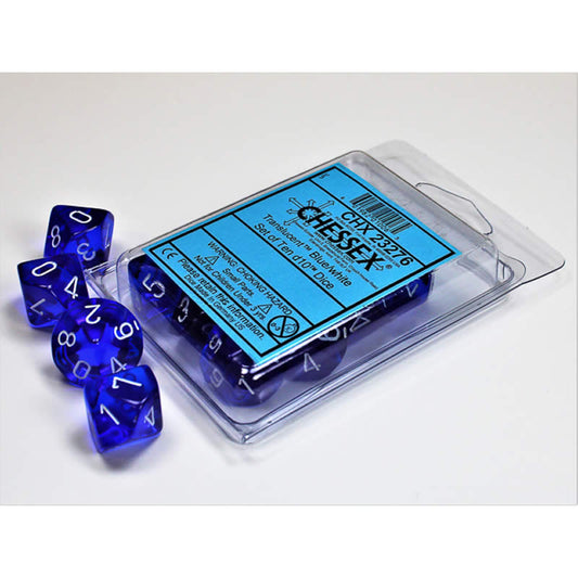 CHX23276 Blue Translucent Dice White Numbers D10 16mm (5/8in) Set of 10 Main Image