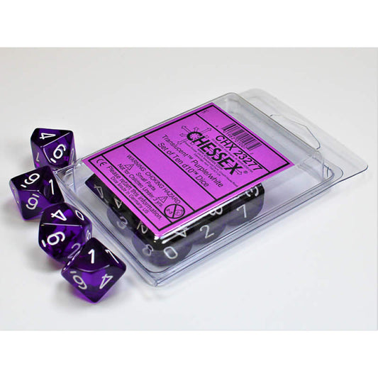 CHX23277 Purple Translucent Dice White Numbers D10 16mm (5/8in) Set of 10 Main Image