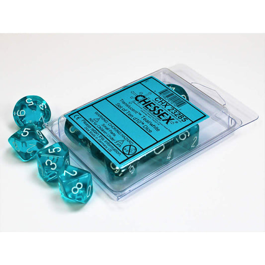 CHX23285 Teal Translucent Dice White Numbers D10 16mm Set of 10 Main Image