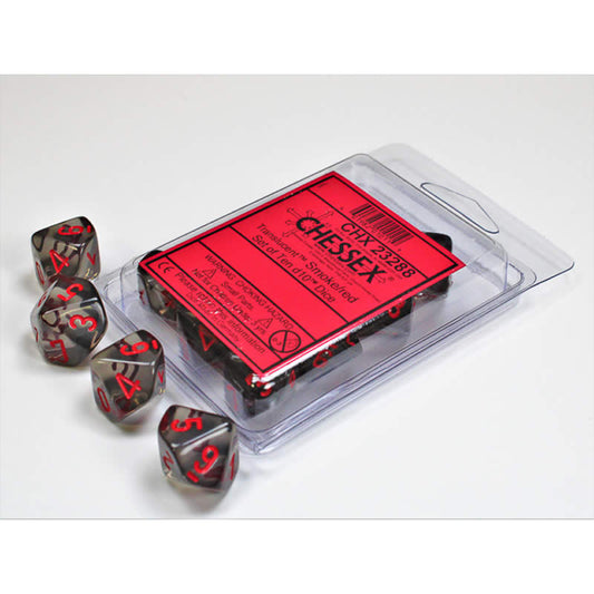 CHX23288 Smoke Translucent Dice Red Numbers D10 Aprox 16mm Set of 10 Main Image