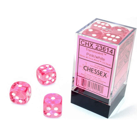 CHX23614 Pink Translucent D6 Dice with White Pips 16mm (5/8in) Pack of 12 Main Image