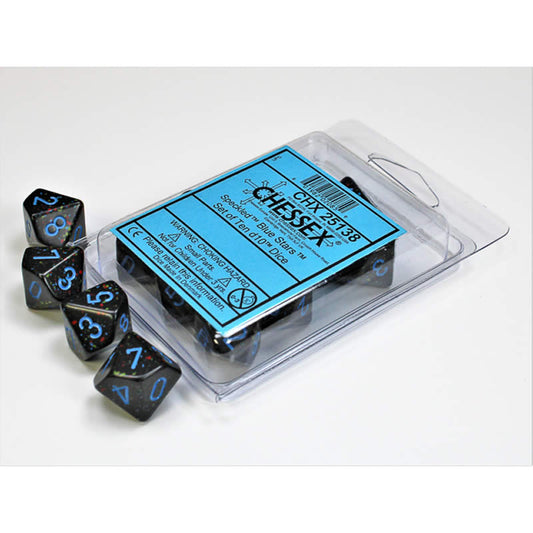 CHX25138 Blue Stars Speckled Dice Blue Numbers D10 16mm Set of 10 Main Image