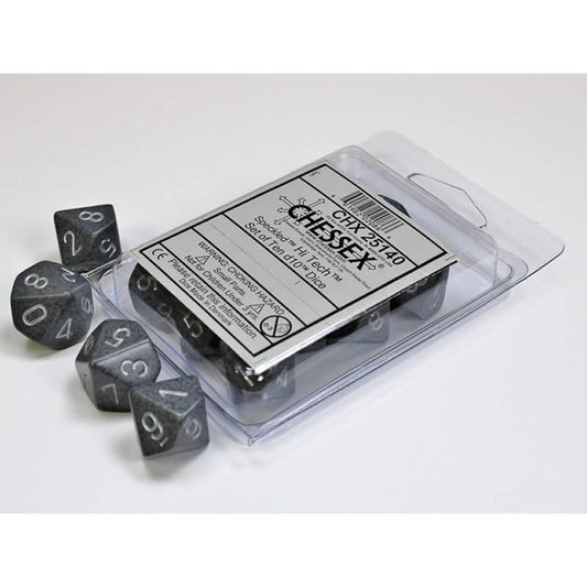CHX25140 Hi Tech Speckled Dice Silver Numbers D10 16mm Set of 10 Main Image