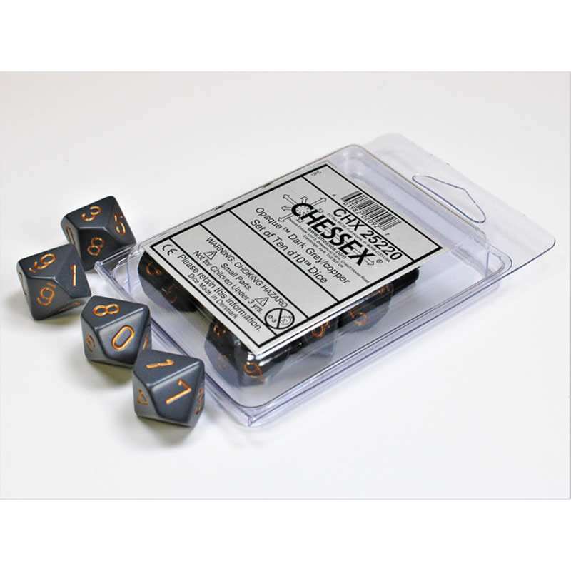 CHX25220 Dark Grey Opaque Dice Copper Numbers D10 16mm Set of 10 Main Image