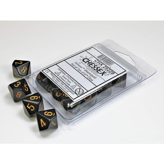 CHX25228 Black Opaque Dice Gold Numbers D10 16mm (5/8in) Set of 10 Main Image