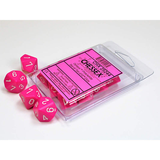 CHX25244 Pink Opaque Dice with White Numbers D10 16mm (5/8in) Set of 10 Main Image