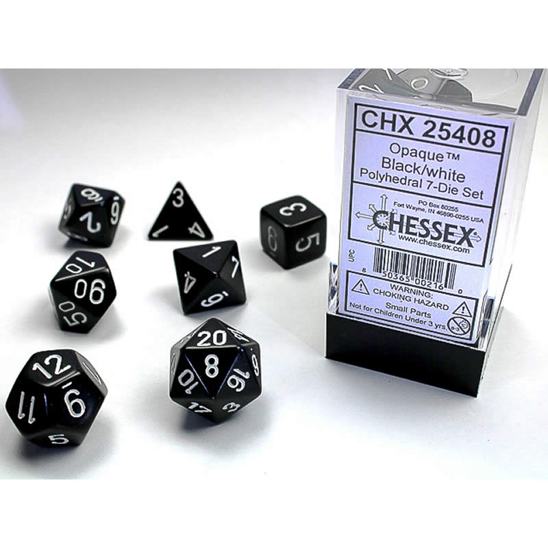 CHX25408 Black Opaque Dice with White Numbers 16mm (5/8in) Set of 7 Main Image