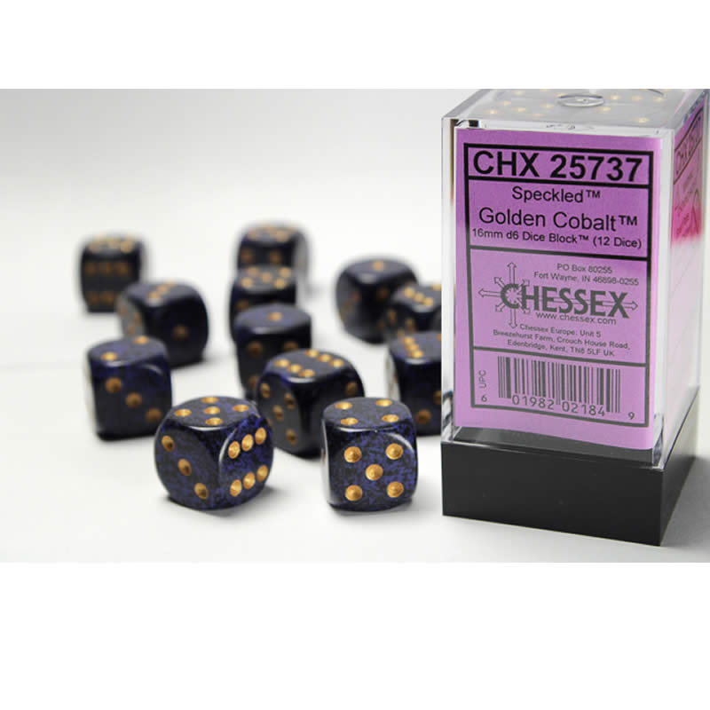 CHX25737 Golden Cobalt Speckled D6 Dice Gold Pips 16mm Pack of 12 Main Image