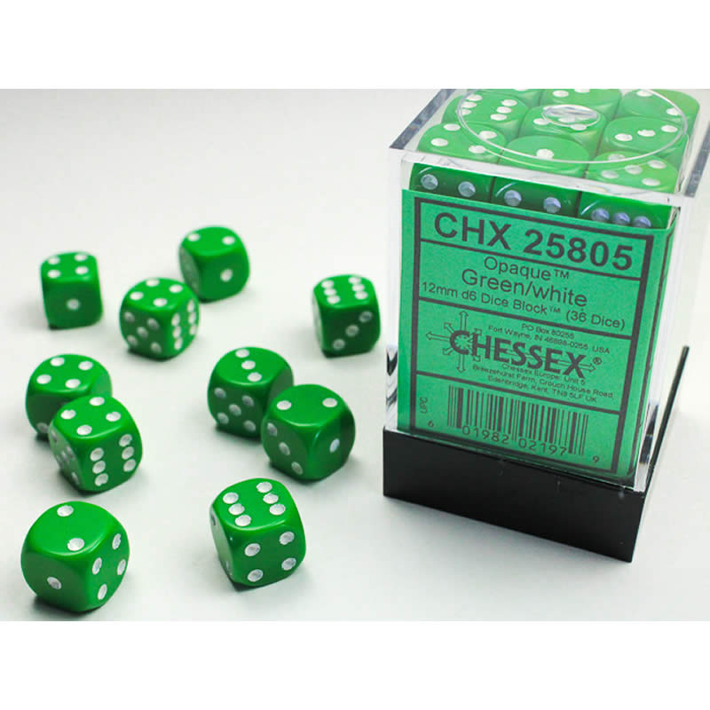 CHX25805 Green Opaque D6 Dice with White Pips 12mm (1/2in) Pack of 36