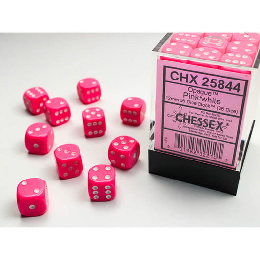 CHX25844 Pink Opaque D6 Dice with White Pips 12mm (1/2in) Pack of 36 Main Image