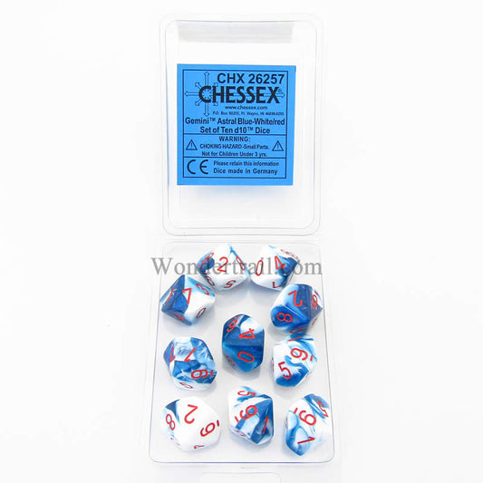 CHX26257 Astral Blue White Gemini Dice Red Numbers D10 16mm Pack of 10 Main Image