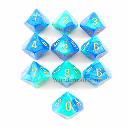 CHX26259 Blue Teal Gemini Dice Gold Numbers D10 16mm Pack of 10 Main Image
