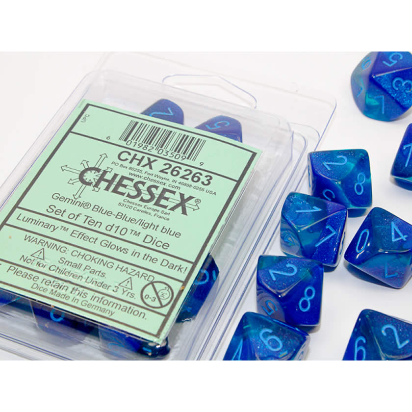 CHX26263 Blue and Blue Gemini Luminary Dice Light Blue Numbers D10 16mm (5/8in) Pack of 10 Dice