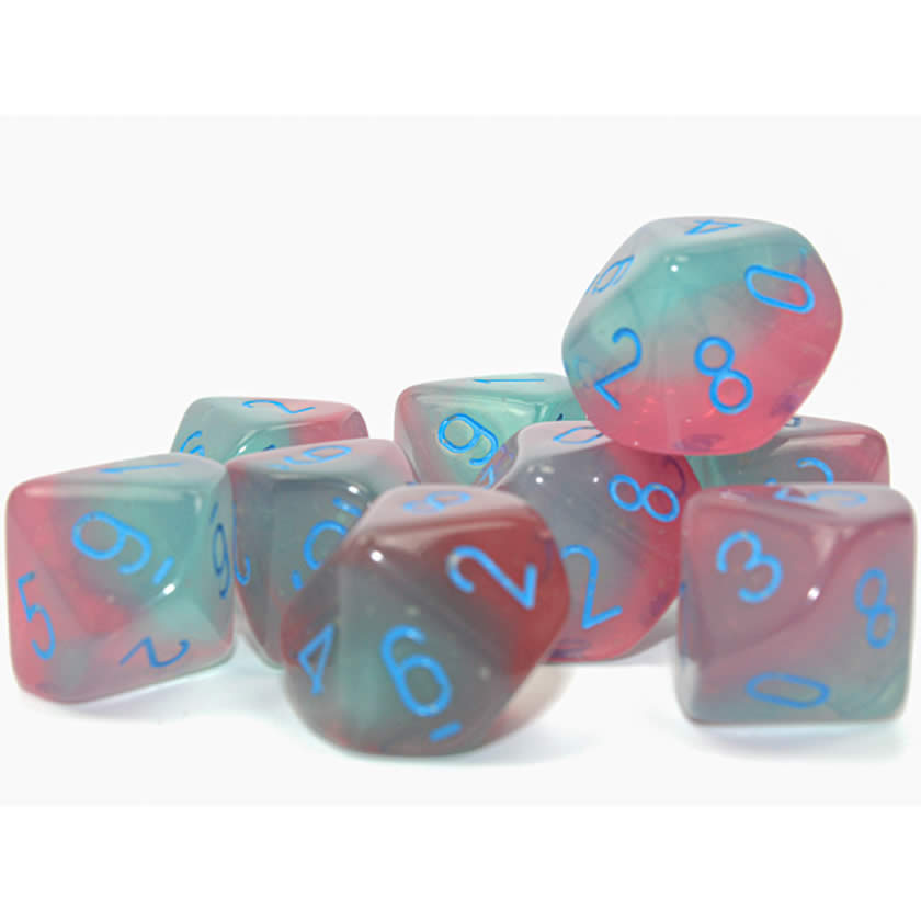 CHX26264 Gel Green and Pink Gemini Luminary Dice Light Blue Numbers D10 16mm (5/8in) Pack of 10 Dice