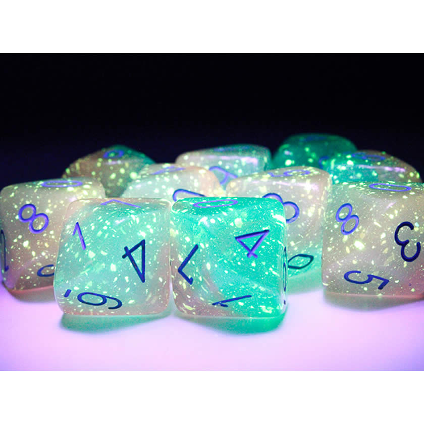 CHX26264 Gel Green and Pink Gemini Luminary Dice Light Blue Numbers D10 16mm (5/8in) Pack of 10 Dice