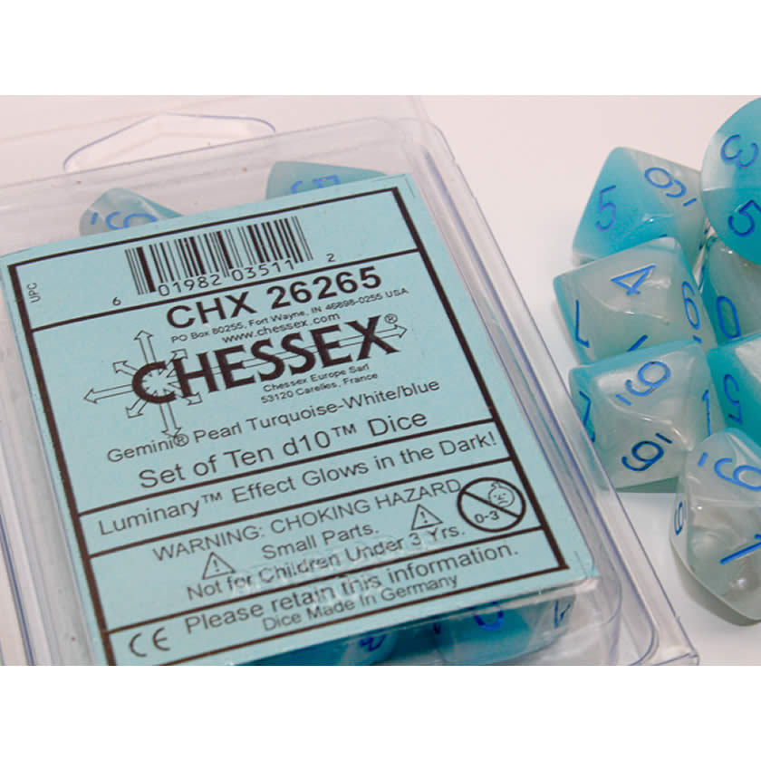 CHX26265 Pearl Turquoise and White Gemini Luminary Dice Blue Numbers D10 16mm (5/8in) Pack of 10 Dice