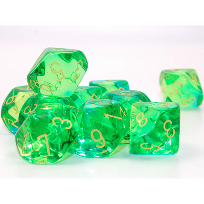 CHX26266 Translucent Green and Teal Gemini Dice Yelllow Numbers D10 16mm (5/8in) Pack of 10 Dice