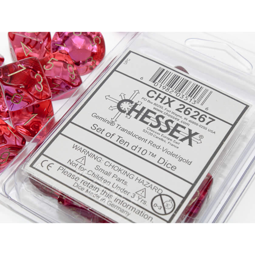 CHX26267 Translucent Red and Violet Gemini Dice Gold Numbers D10 16mm (5/8in) Pack of 10 Dice